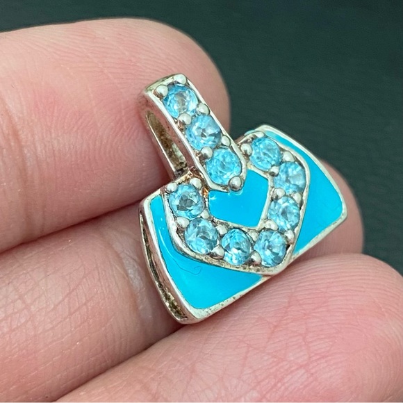 Vintage 925 Signed Blue Topaz CZ Stone Enamel Purse Pendant 3.8g - Picture 4 of 13